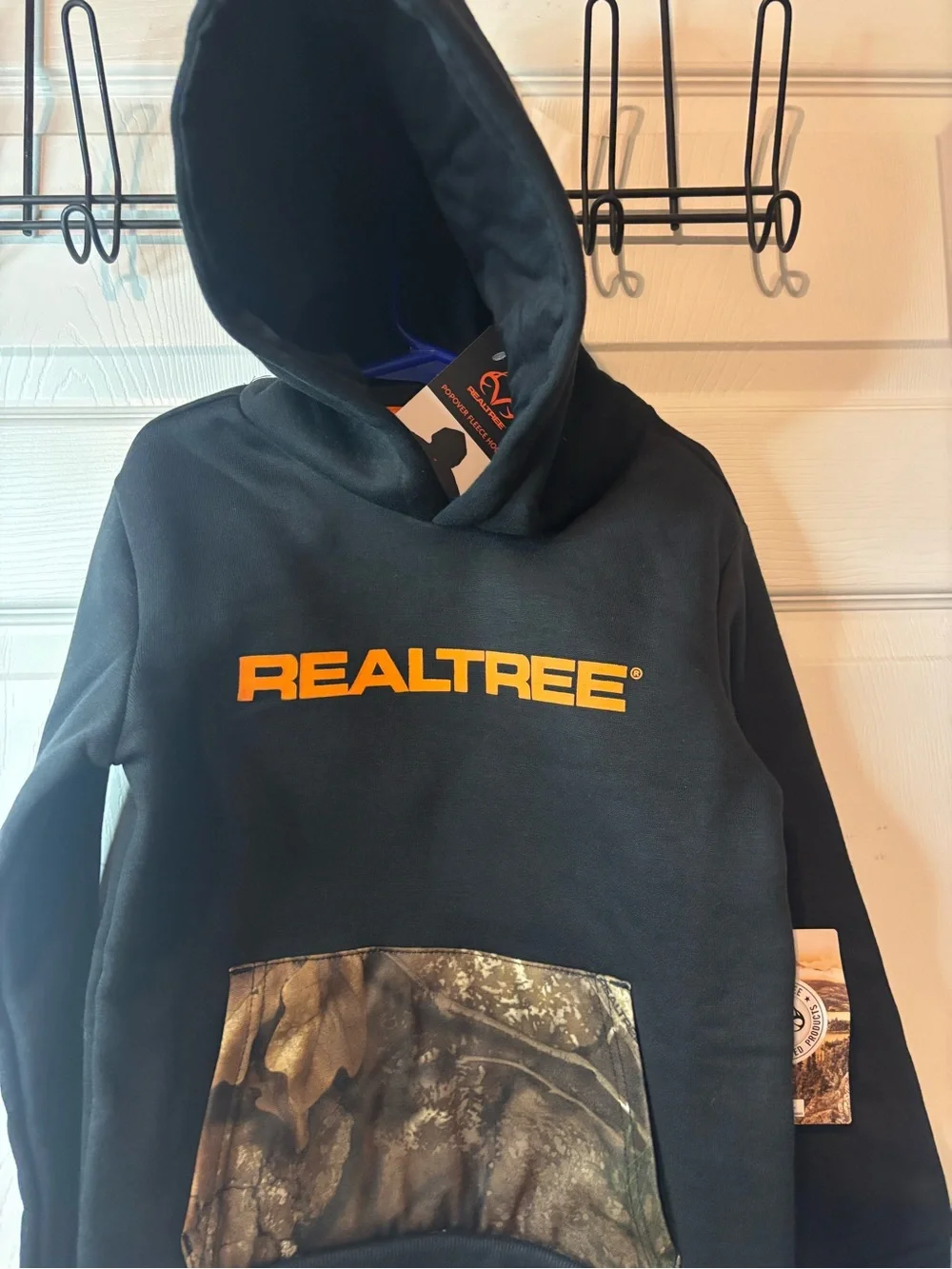Realtree Black Hoodie with Orange Logo and Camo Pocket